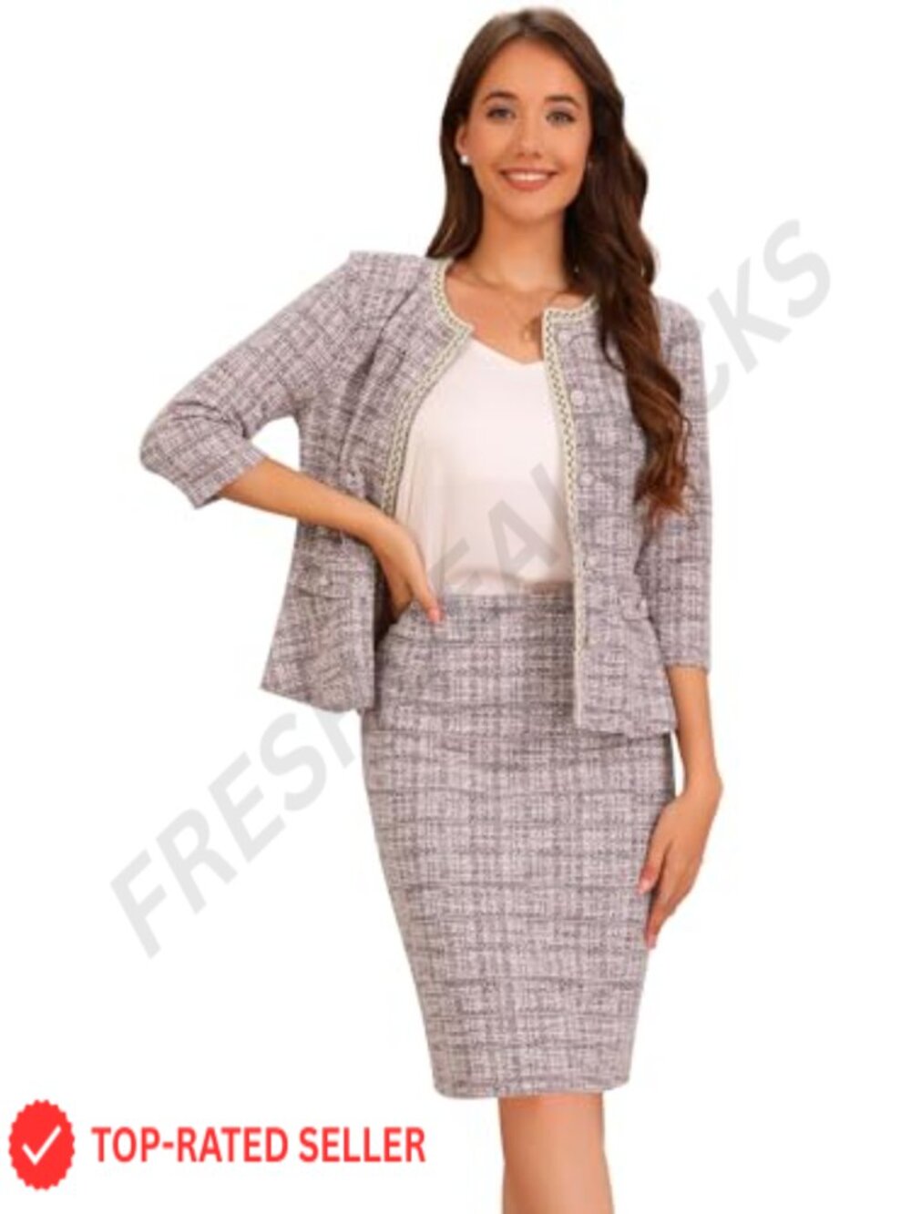 Women's Tweed 2 Piece Skirt Suit Set 3/4 Sleeve Work Office Outfit